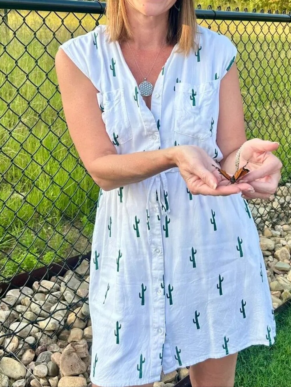 Japna White Green Cactus Print Sleeveless Shirt Dress Small Boho Western